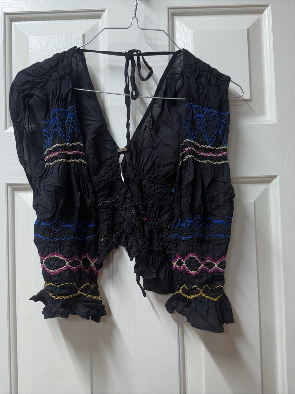 Free People Black Boho Smocked Tie-Back Crop Top s